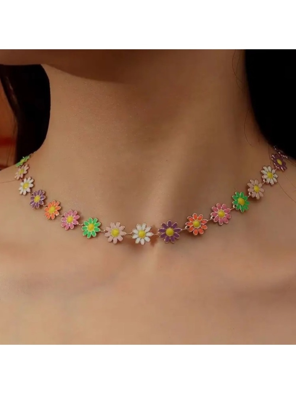 Multicolor Daisies Flower Enamel Gold Toned Necklace
